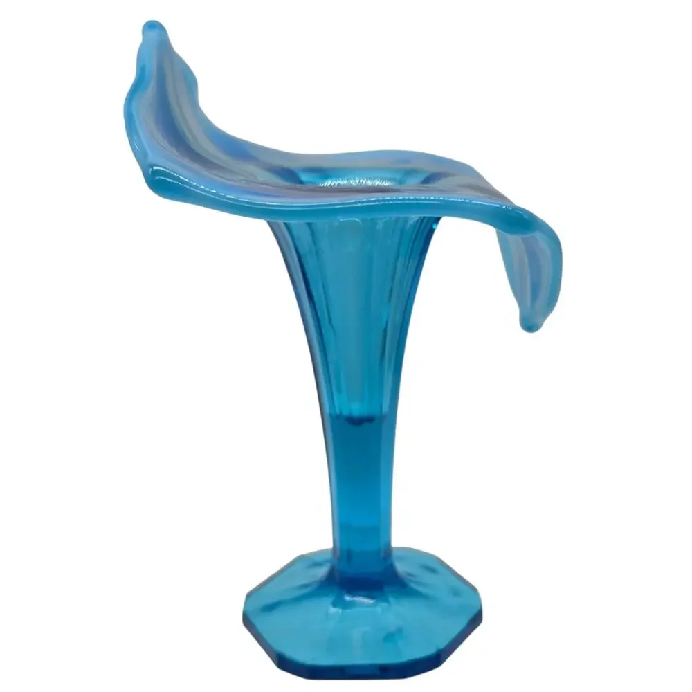 DUGAN GLASS BLUE OPAL WHEEL CUT JIP VASE FLORAL WITH LEAF CUTTING